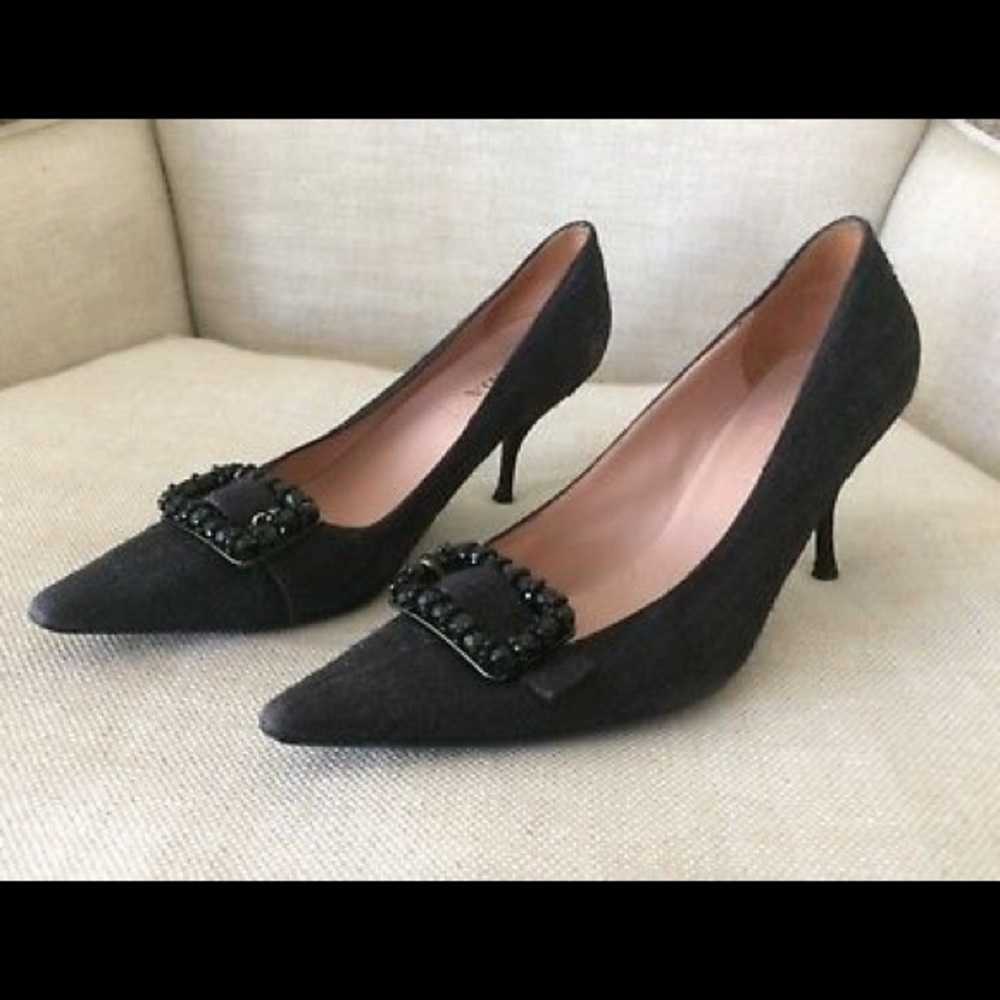 Prada Pumps Grey Beaded Buckle Kitten Heel 8.5